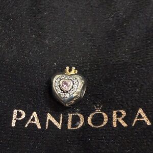 Pandora Silver Heart Charm with Gold Crown and Pink Stone